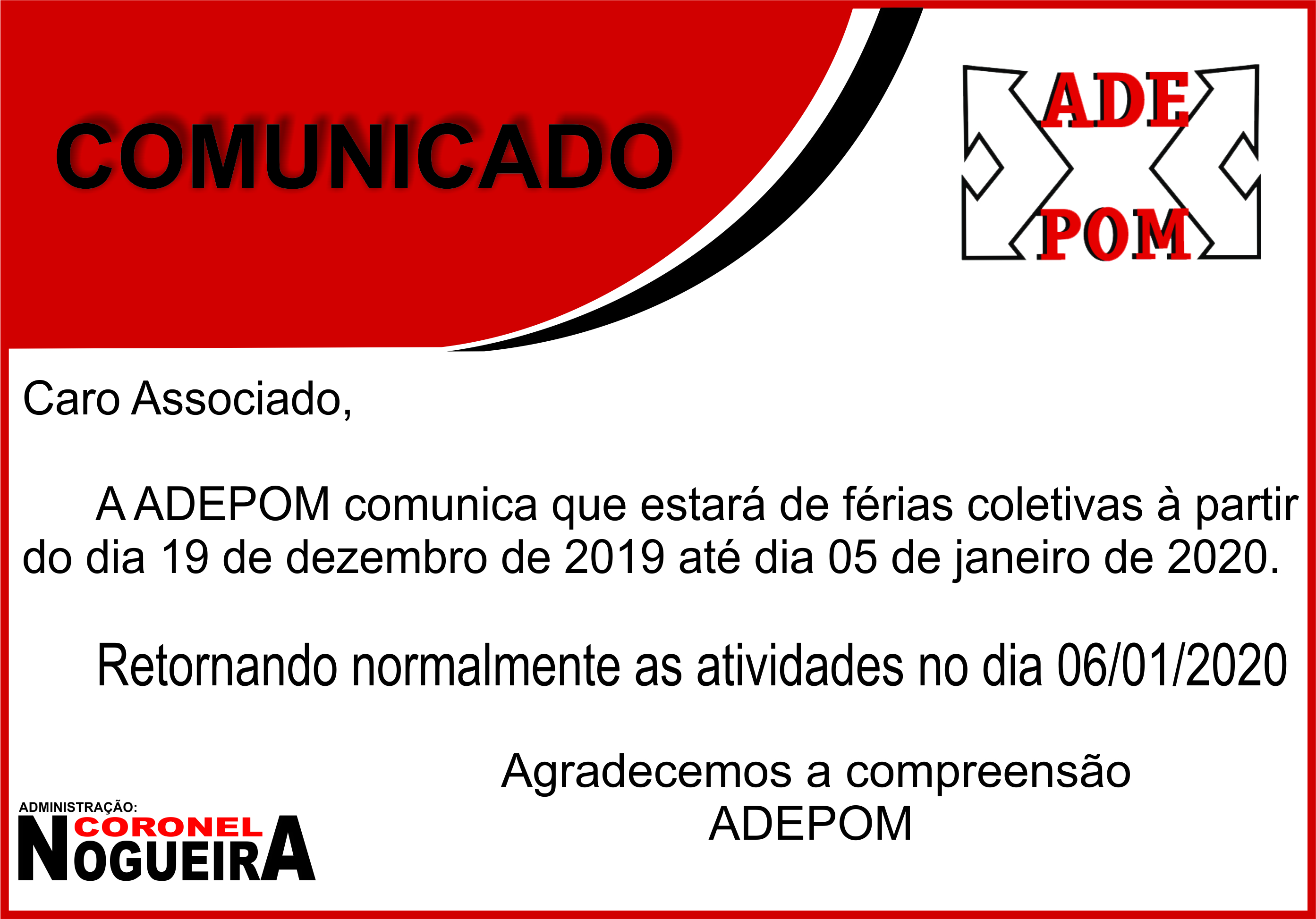 Comunicado Férias Coletivas Adepom