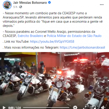 Bolsonaro parabeniza a PMESP em escolta de comboio de doações da CEAGESP