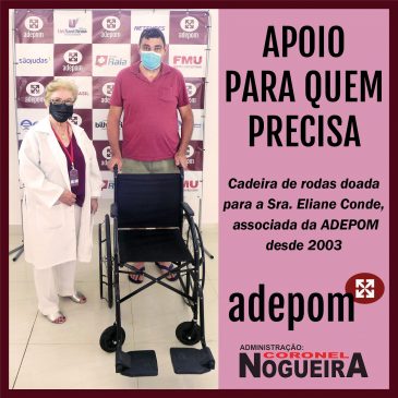 Associada com pé amputado ganha cadeira de rodas da ADEPOM